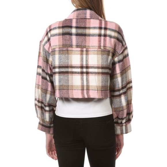 hyfve Pink Cream Tan Black Plaid Cropped Button Down Jacket L - Picture 3 of 11